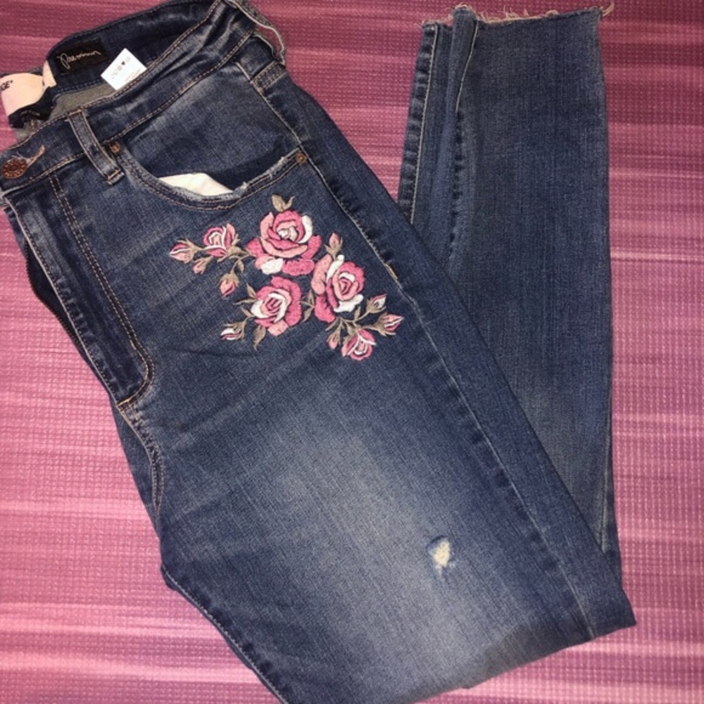 GARAGE Floral Embroidered High-Rise Skinny Jeans